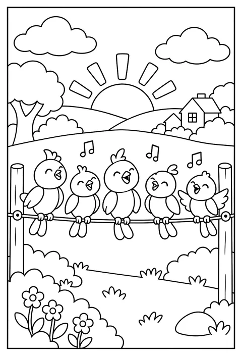A bird choir on a wire at sunrise coloring page