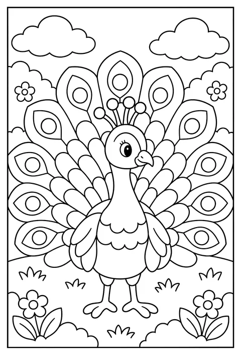Close-up of a peacock with tail feathers drawn as a mandala coloring page