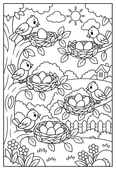 Count-and-color: five nests with 1 to 5 eggs coloring page