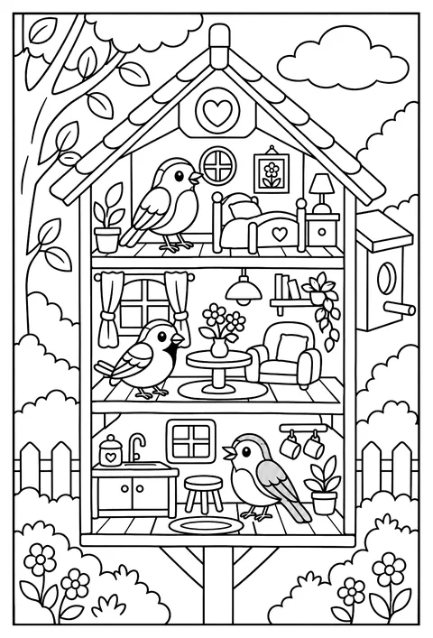 Cutaway of a birdhouse apartment coloring page