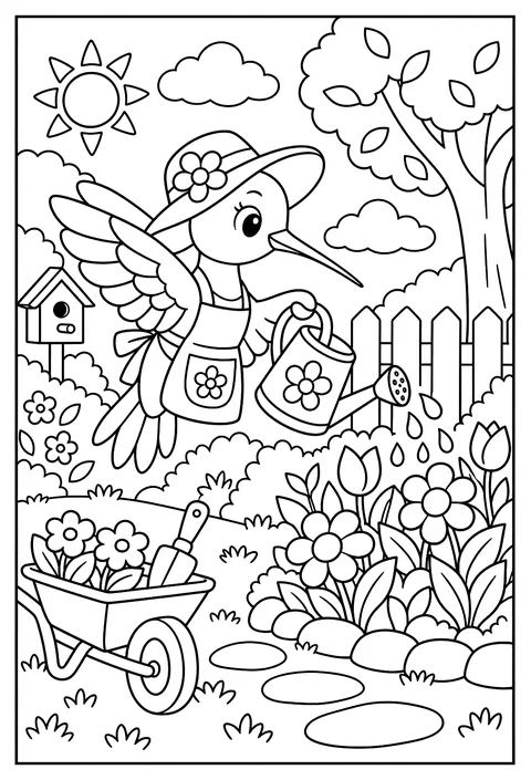 A hummingbird gardener with a watering can coloring page