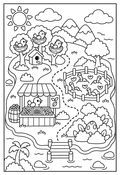 A map of Bird Island with a nest village, a worm field, a seed market and a hidden egg coloring page