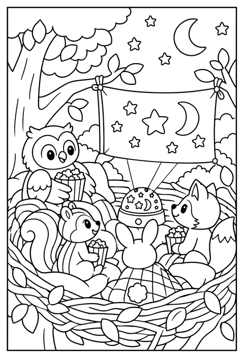 A movie night in a nest with a firefly projector coloring page