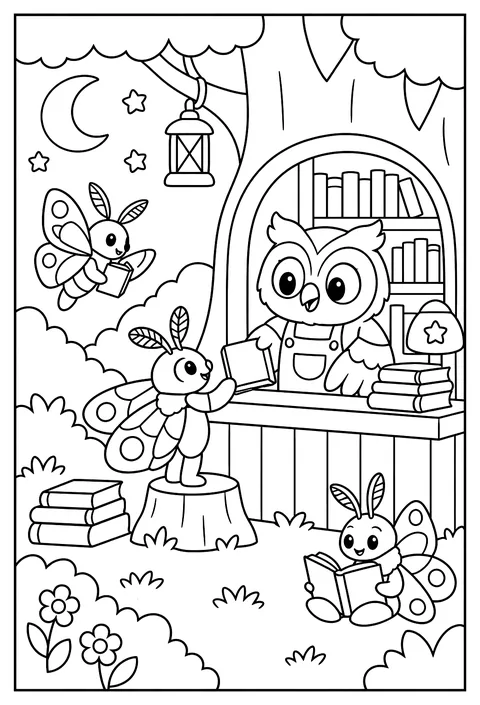 An owl running a night library for moths coloring page