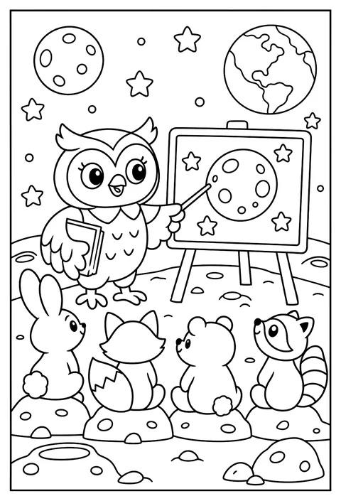 An owl teacher with a lesson on the moon coloring page