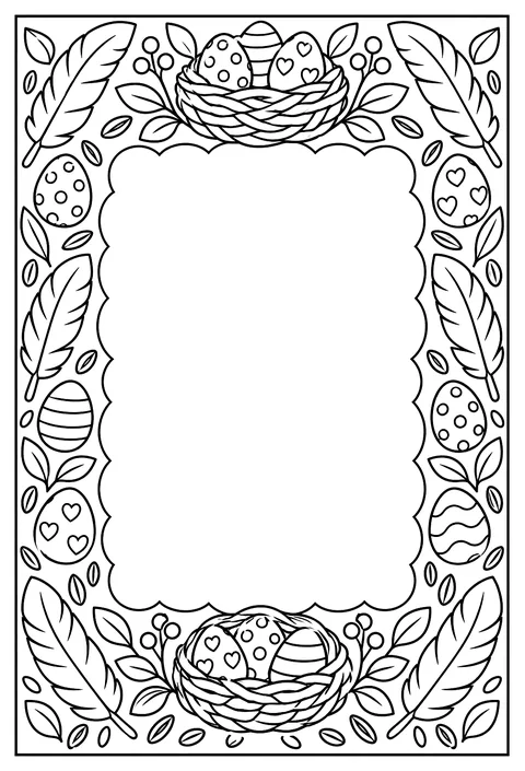 A page-border pattern of feathers, eggs, nests and seeds around an empty frame coloring page