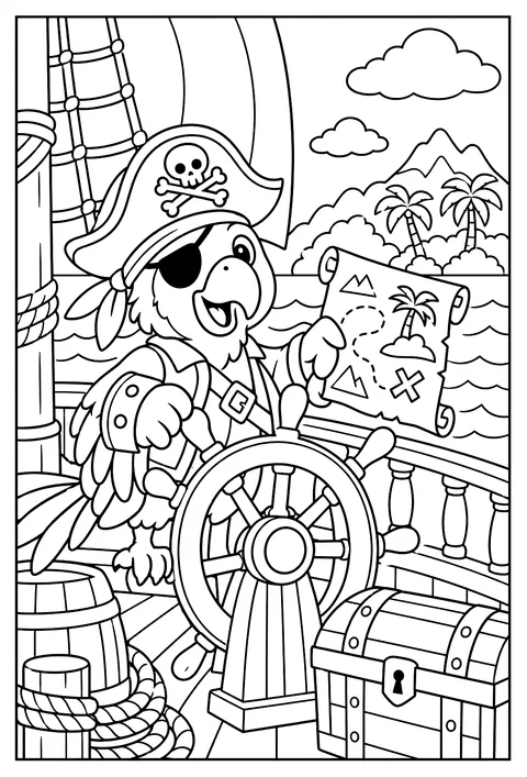 A parrot pirate steering a ship with a cracker map coloring page