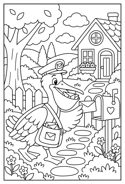 A pelican mail carrier with letters in its pouch coloring page