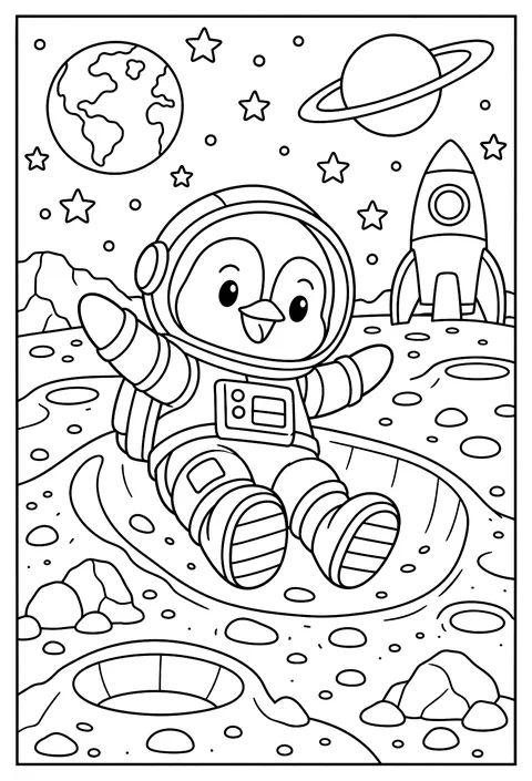 A penguin astronaut sliding on a moon crater coloring page