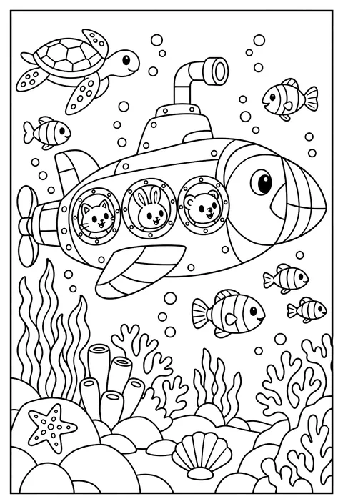 A puffin submarine watching fish coloring page