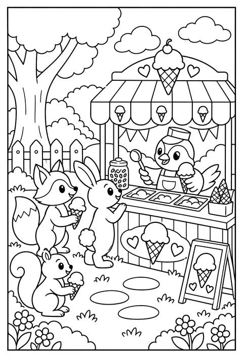A seed ice-cream stand run by a sparrow coloring page