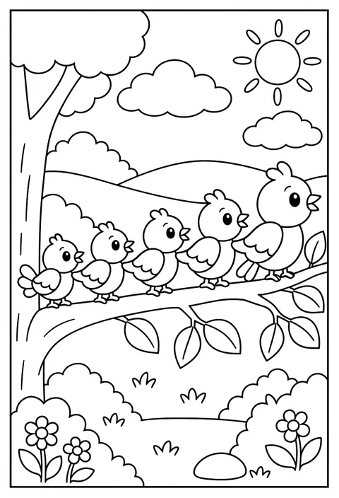 A bird train: birds on a branch like a train coloring page