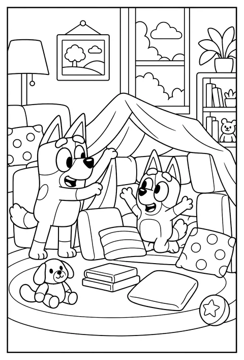 Bluey and Bingo building a blanket fort in the living room with couch cushions coloring page