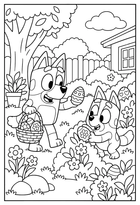 Bluey and Bingo hunting for painted Easter eggs in the backyard garden coloring page