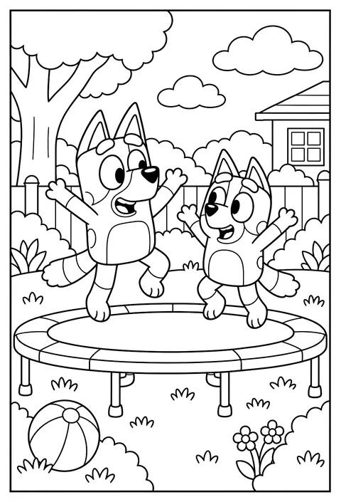 Bluey and Bingo jumping together on a trampoline in the backyard coloring page
