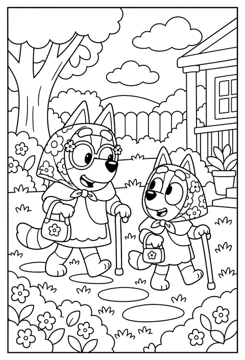 Bluey and Bingo playing Grannies, walking slowly with pretend canes in the garden coloring page