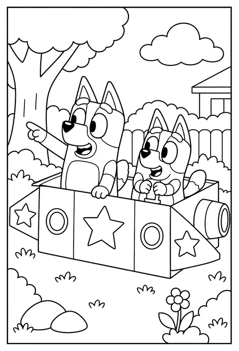Bluey and Bingo playing in a big cardboard box pretending it's a spaceship coloring page