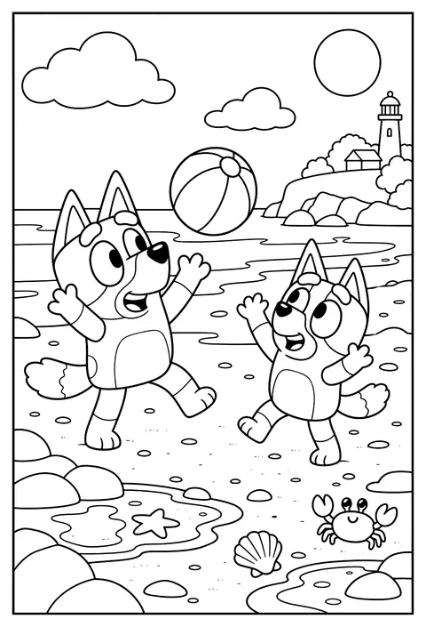 Bluey and Bingo playing Keepy Uppy with a beach ball on the sand at low tide coloring page
