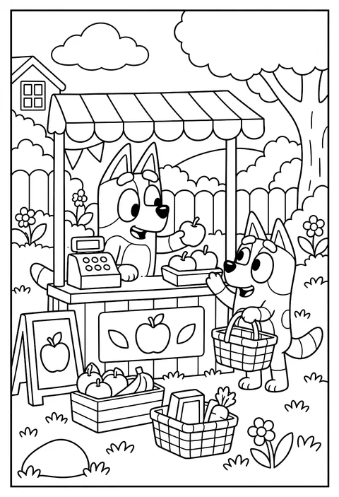 Bluey and Bingo playing shopkeepers at a pretend shop with a till and baskets coloring page