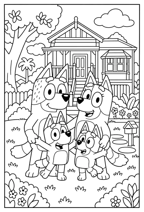 Bluey and Bingo posing with Bandit and Chilli in front of their Queenslander house coloring page