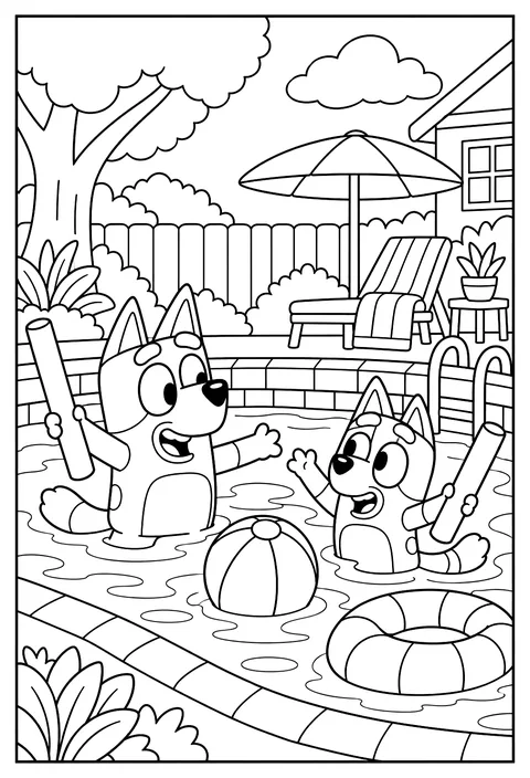 Bluey and Bingo swimming in the backyard pool with pool noodles and a beach ball coloring page