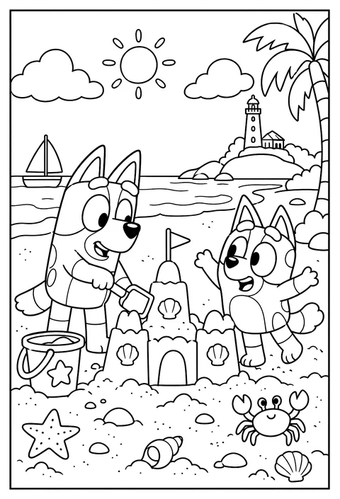 Bluey and her cousin Muffin playing at the beach with a bucket and spade coloring page