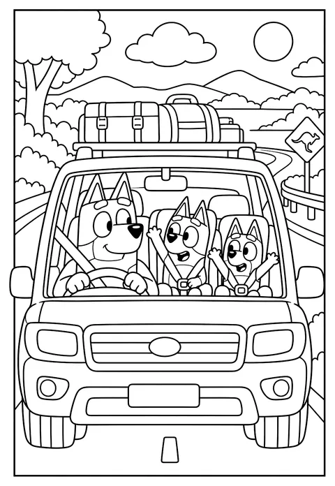 Bandit driving the family car on a road trip with Bluey and Bingo waving from their car seats coloring page