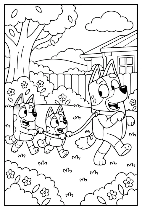 Bandit playing 'Dad walking dog' hopping across the lawn as Bluey and Bingo laugh coloring page