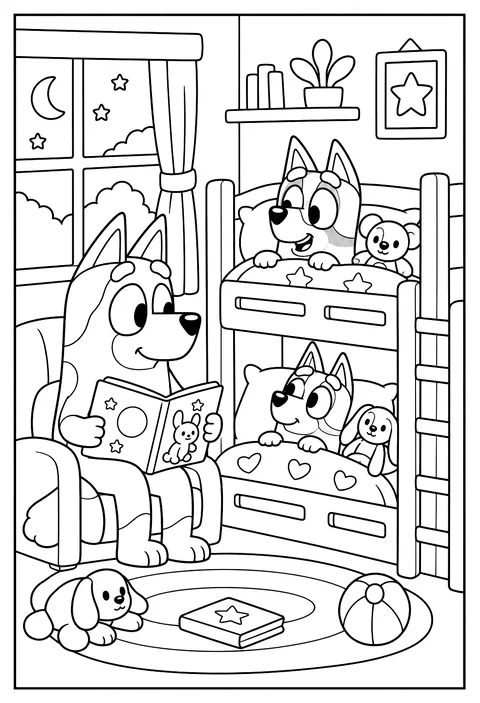 Chilli reading a bedtime story to Bluey and Bingo tucked into bunk beds coloring page