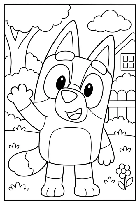 A close-up portrait of Bluey smiling with her ears perked up coloring page