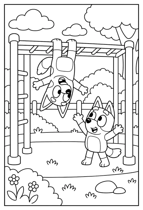 Bluey hanging upside down from the monkey bars playing Fruitbat at the park coloring page