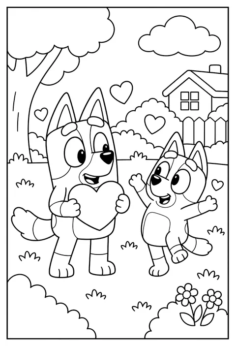 Bluey holding a big heart for Valentine's Day surrounded by small floating hearts coloring page
