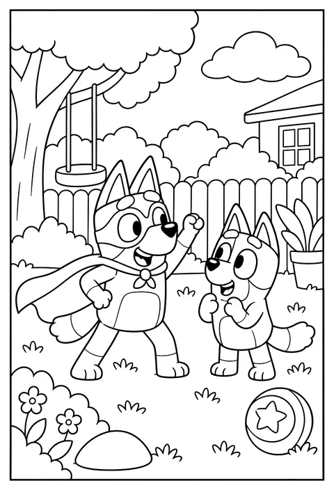 Bluey playing dress-ups with a cape and a mask in the backyard coloring page