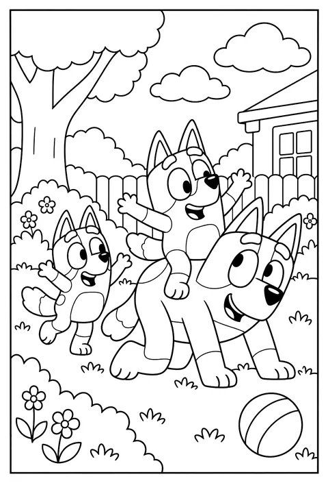 Bluey riding on Bandit's back playing horsey in the backyard coloring page