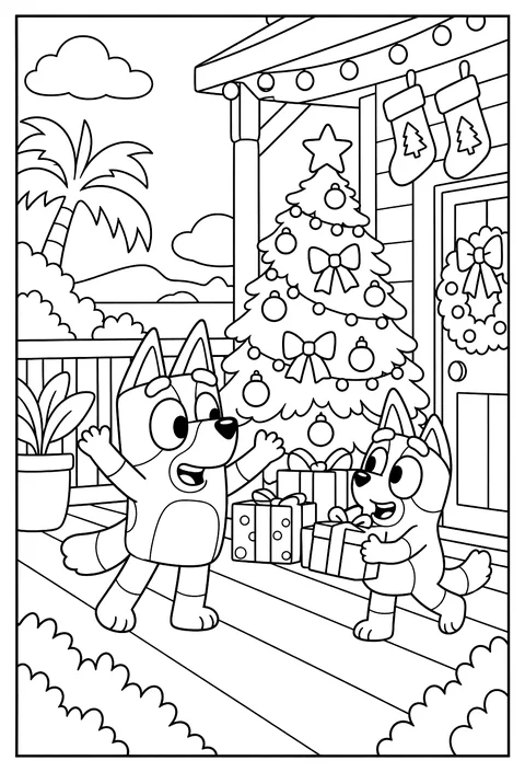 Bluey's family Christmas with a decorated tree and stockings on the Queenslander verandah coloring page
