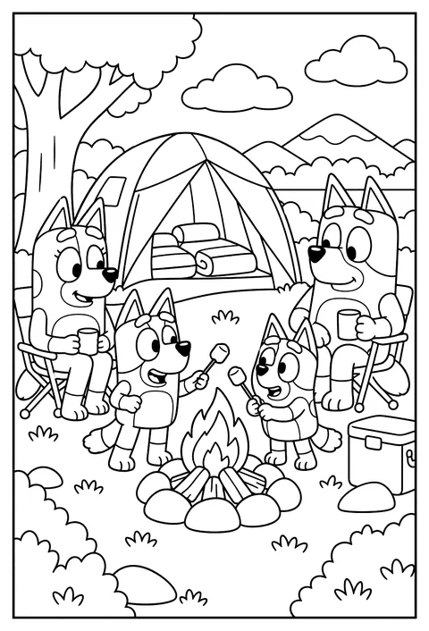The Heeler family camping in a tent with a campfire and marshmallows coloring page
