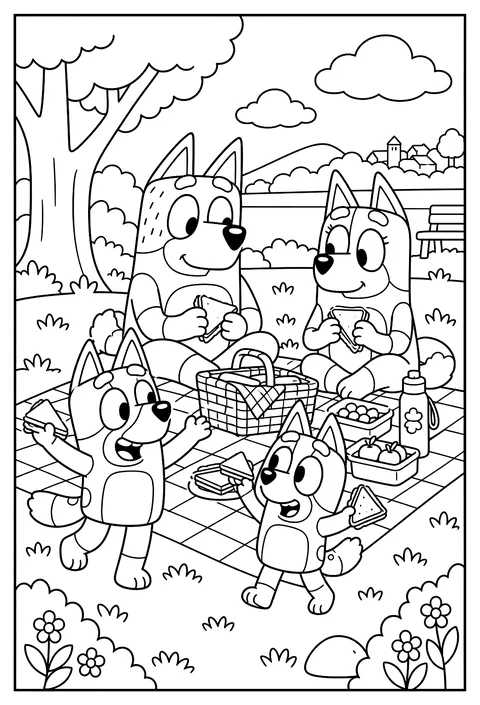 The Heeler family having a picnic at the park with a checkered blanket and sandwiches coloring page
