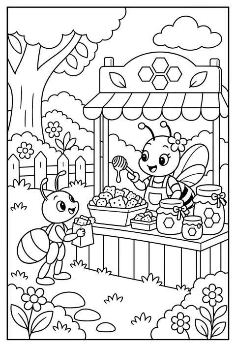 A bee and an ant running a honey and crumb stand coloring page