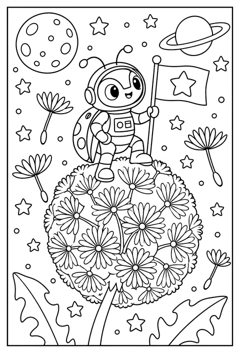 A beetle astronaut on a moon made of a dandelion coloring page