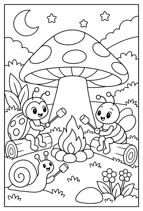 Bugs camping under a mushroom coloring page