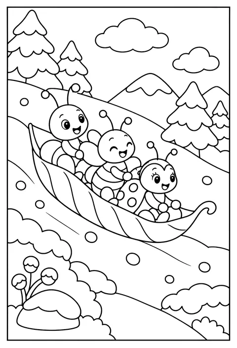 Bugs sledding on a leaf down a snowy hill coloring page