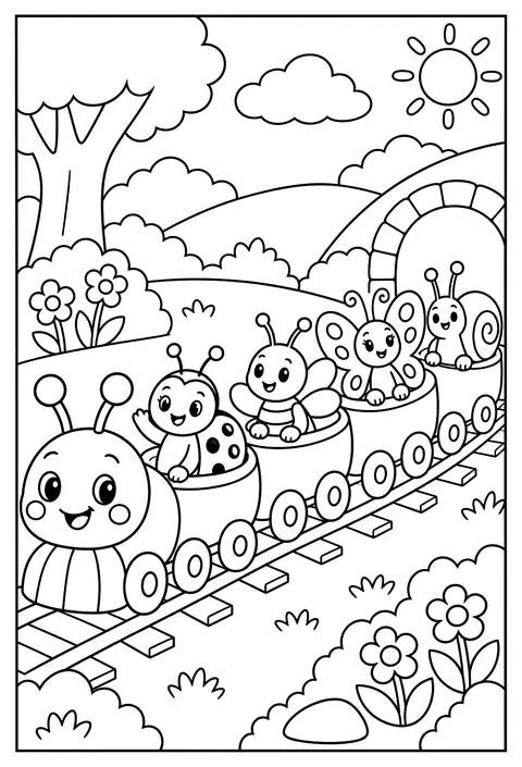 A caterpillar train with kids of bugs in each segment coloring page