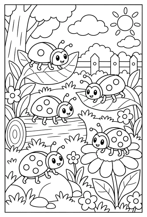 Count-and-color: five ladybugs with 1 to 5 spots coloring page