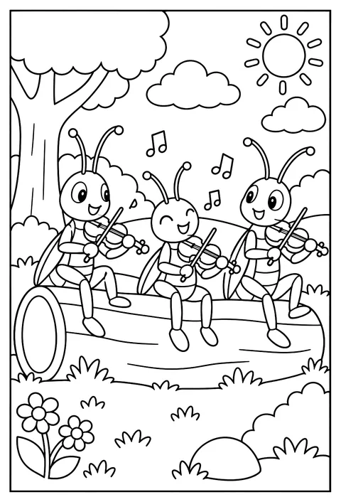 A cricket band playing violins on a log coloring page