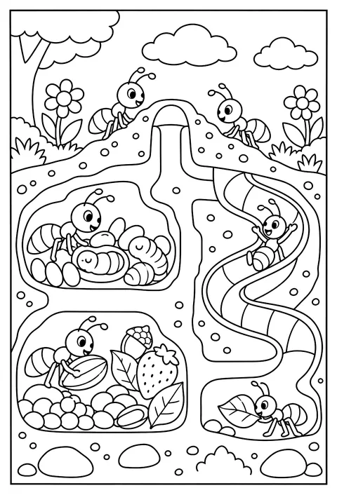 Cutaway of an ant hill: nursery, food storage, a tunnel slide coloring page