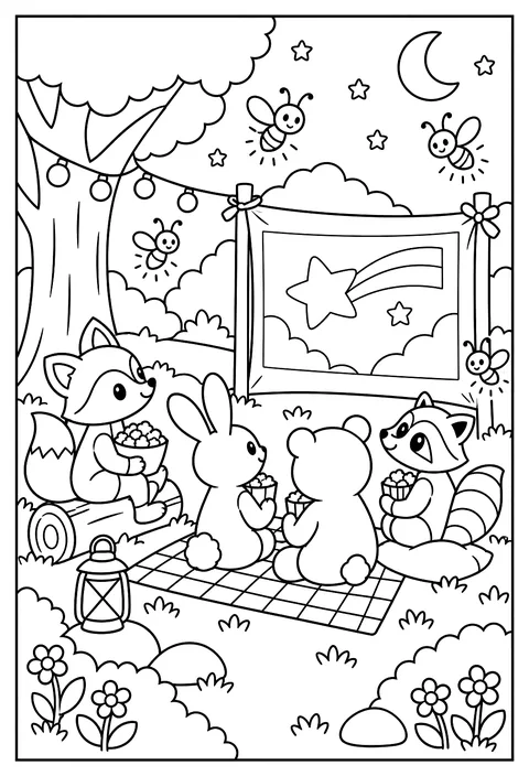 A firefly movie night in the dark coloring page