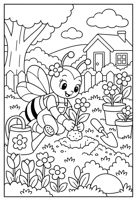 A gardener bee planting flowers coloring page
