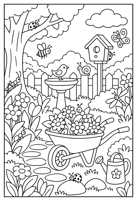 Hidden-object page: a garden with 12 hidden bugs coloring page