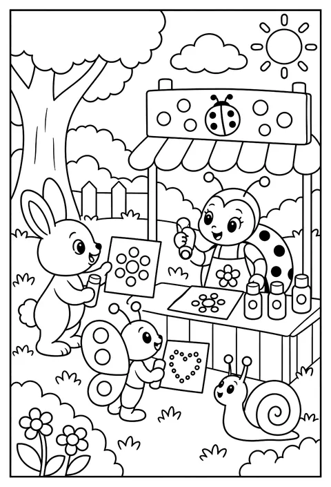 A ladybug running a dot-painting shop coloring page