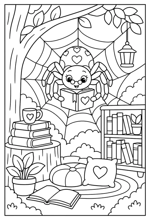 A librarian spider with books in its web coloring page